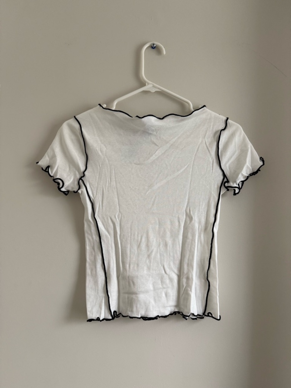 Mango Women's White Ruffle Edge Short Sleeve Top with Black Trim- S- NWT